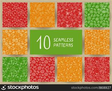 Doodle seamless pattern set. Vector colorful backgrounds. Hand drawn strawberry, cherry, apple, kiwi, pear, raspberry, banana, pomegranate, fruit, berry, berries. Sketch. Doodle seamless pattern set. Vector colorful backgrounds. Hand drawn strawberry, cherry, apple, kiwi, pear, raspberry, banana, pomegranate, fruit, berry, berries