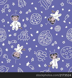 Doodle seamless pattern with astronauts tigers cubs in space. Perfect for T-shirt, textile and print. Hand drawn vector illustration for decor and design.