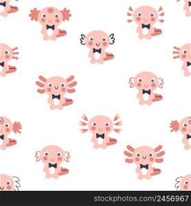 Doodle seamless pattern with axolotls. Perfect for T-shirt, textile and prints. Hand drawn vector illustration for decor and design.