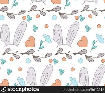 Doodle seamless pattern with bunny ears, flowers, Willow buds, hearts. Spring Vector illustration. Background, card, poster, coves, scrapbooking, textile, fabric, gift paper, banners, notebook.. Doodle seamless pattern with bunny ears, flowers, Willow buds, hearts. Spring Vector illustration.