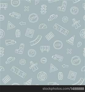Doodle seamless pattern with cars, road signs, markings and traffic lights. Hand drawn vector illustration on gray background. Doodle seamless pattern with cars, road signs, markings and traffic lights.