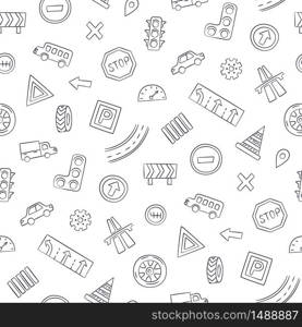 Doodle seamless pattern with cars, road signs, markings and traffic lights. Children wallpaper. Hand drawn vector illustration on white background. Doodle seamless pattern with cars, road signs, markings and traffic lights.