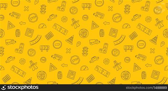 Doodle seamless pattern with cars, road signs, markings and traffic lights. Fabric print. Hand drawn vector illustration on yellow background. Doodle seamless pattern with cars, road signs, markings and traffic lights.