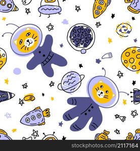 Doodle seamless pattern with cats astronauts in space. Perfect for T-shirt, textile and print. Hand drawn vector illustration for decor and design.