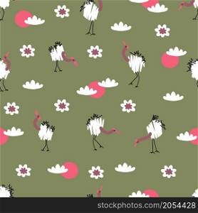 Doodle seamless pattern with cranes and lotus flowers. Perfect for T-shirt, textile and print. Hand drawn vector illustration for decor and design.