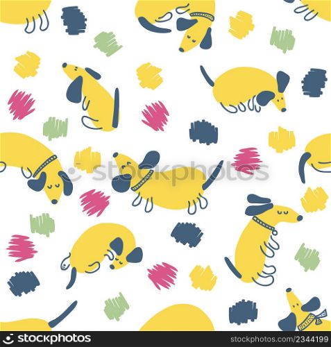 Doodle seamless pattern with dachshunds and abstract spots. Perfect for T-shirt, postcard, textile and print. Hand drawn vector illustration for decor and design.