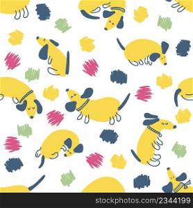 Doodle seamless pattern with dachshunds and abstract spots. Perfect for T-shirt, postcard, textile and print. Hand drawn vector illustration for decor and design.