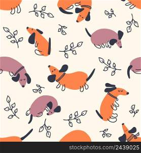 Doodle seamless pattern with dachshunds and leaves. Perfect for T-shirt, postcard, textile and print. Hand drawn vector illustration for decor and design.