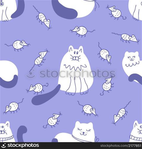 Doodle seamless pattern with fat white cats and mice. Perfect for T-shirt, textile and print. Hand drawn vector illustration for decor and design.