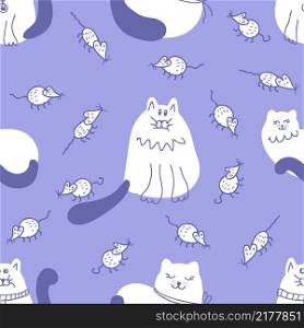 Doodle seamless pattern with fat white cats and mice. Perfect for T-shirt, textile and print. Hand drawn vector illustration for decor and design.