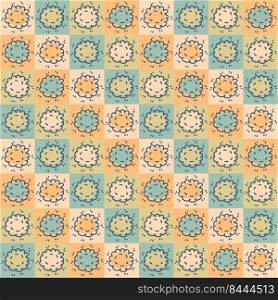 Doodle seamless pattern with flowers in hippie aesthetic style. Floral background for T-shirt, poster, card and print. Hand drawn vector illustration for decor and design.