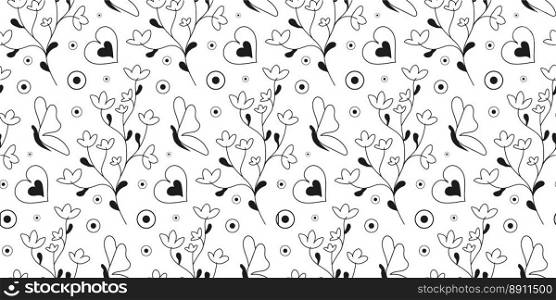 Doodle seamless pattern with flowers, twigs, butterflies, hearts. Doodle Black and white vector. Background, card, poster, coves, scrapbooking, textile, fabric, craft paper, banners, notebook.. Doodle seamless pattern with flowers, twigs, butterflies, hearts. Doodle Black and white vector.