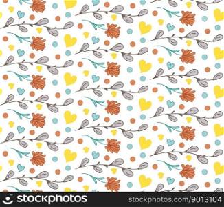 Doodle seamless pattern with flowers, twigs, Willow buds, hearts. Vector Texture paper gift, textile. Background, card, poster, coves, scrapbooking, textile, fabric, gift paper, banners, notebook.. Doodle seamless pattern with flowers, twigs, Willow buds, hearts. Vector Texture paper gift, textile
