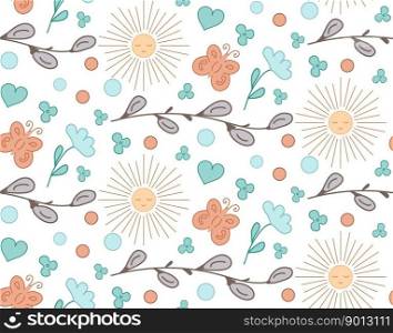 Doodle seamless pattern with flowers, Willow buds, butterfly, sun, heart. Spring Vector illustration. Background, card, poster, coves, scrapbooking, textile, fabric, gift paper, banners, notebook.. Seamless pattern with flowers, Willow buds, butterfly, sun, heart. Spring Vector illustration.