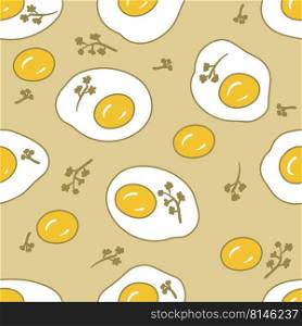 Doodle seamless pattern with fried eggs and parsley greens. Simple food print for T-shirt, fabric, textile. Hand drawn vector illustration for decor and design.