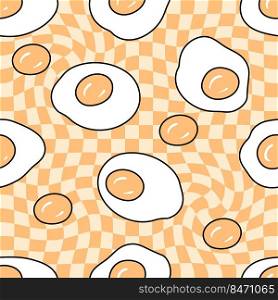 Doodle seamless pattern with fried eggs on trippy grid background. Aesthetic geometric print for tee, fabric, textile. Hand drawn vector illustration for decor and design.