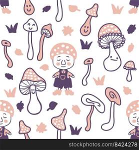 Doodle seamless pattern with gnomes and mushrooms. Perfect autumn print for T-shirt, textile and fabric. Hand drawn vector illustration for decor and design.