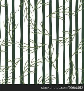 Doodle seamless pattern with hand drawn random branch shapes print. White and green striped background. Decorative backdrop for fabric design, textile print, wrapping, cover. Vector illustration.. Doodle seamless pattern with hand drawn random branch shapes print. White and green striped background.
