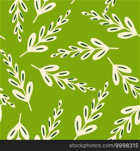 Doodle seamless pattern with hand drawn random leaf branches print. Green bright background. Perfect for fabric design, textile print, wrapping, cover. Vector illustration.. Doodle seamless pattern with hand drawn random leaf branches print. Green bright background.