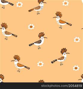 Doodle seamless pattern with hoopoe birds and flowers. Perfect for T-shirt, textile and print. Hand drawn vector illustration for decor and design.