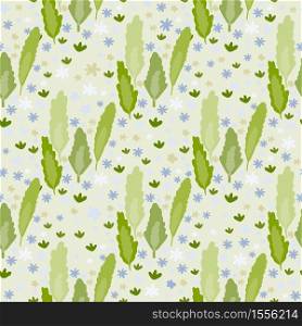 Doodle seamless pattern with leafs silhouettes and little daisy elements. Light grey background with green foliage. Great for wrapping paper, textile, fabric print and wallpaper. Vector illustration.. Doodle seamless pattern with leafs silhouettes and little daisy elements. Light grey background with green foliage.