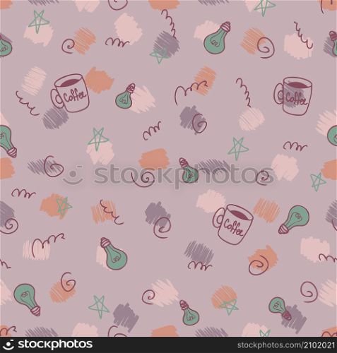 Doodle seamless pattern with light bulbs and coffee mugs idea theme. Perfect for T-shirt, textile and print. Hand drawn vector illustration for decor and design.