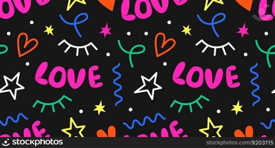 Doodle seamless pattern with love. 90s style pattern with squiggles. Flat vector illustration on black background