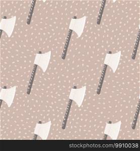 Doodle seamless pattern with medieval viking ax silhouettes. Beige background with dots. White hatchets with wood handle. Designed for fabric design, textile, wrapping, cover. Vector illustration.. Doodle seamless pattern with medieval viking ax silhouettes. Beige background with dots. White hatchets with wood handle.