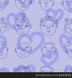 Doodle seamless pattern with peoples faces and hearts. Perfect for T-shirt, textile and print. Hand drawn vector illustration for decor and design. 