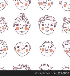 Doodle seamless pattern with peoples faces. Perfect for T-shirt, textile and print. Hand drawn vector illustration for decor and design.