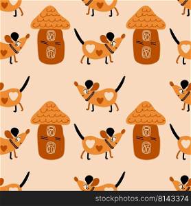 Doodle seamless pattern with puppies and houses. Perfect for T-shirt, postcard, textile and print. Hand drawn graphic vector illustration for decor and design.
