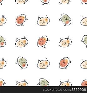 Doodle seamless pattern with sad cats faces. Cute animalistic print for fabric, T-shirt, stationery. Hand drawn vector illustration for decor and design.