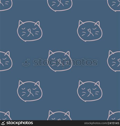 Doodle seamless pattern with sad cats faces. Perfect for T-shirt, textile and print. Hand drawn vector illustration for decor and design.