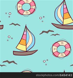 Doodle seamless pattern with sailing ship and lifebuoy on a green background. Vector illustration.. Pattern with sailing ship and lifebuoy