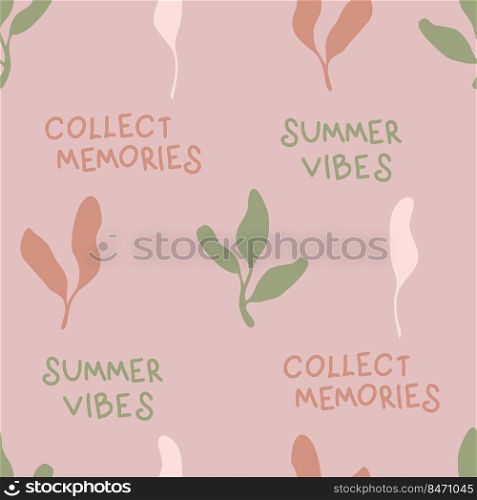 Doodle seamless pattern with small plant and text. Simple aesthetic print for tee, fabric, stationery. Hand drawn vector illustration for decor and design.