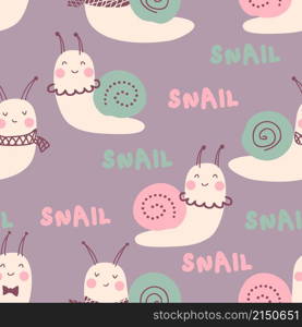 Doodle seamless pattern with snails and text. Perfect for T-shirt, greeting card, poster, textile and print. Hand drawn vector illustration for decor and design.