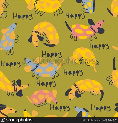 Doodle seamless pattern with spotted dachshunds and text HAPPY. Perfect for T-shirt, postcard, textile and print. Hand drawn vector illustration for decor and design.