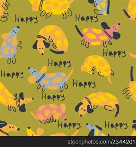 Doodle seamless pattern with spotted dachshunds and text HAPPY. Perfect for T-shirt, postcard, textile and print. Hand drawn vector illustration for decor and design.