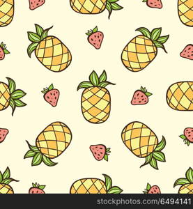 Doodle seamless pattern with strawberry and pineapple. Vector illustration. Pattern with strawberry and pineapple