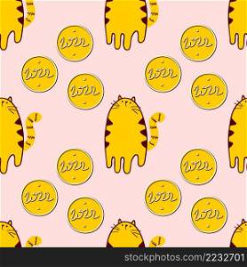 Doodle seamless pattern with tigers and golden 2022 coins. Perfect for T-shirt, textile and prints. Hand drawn vector illustration for decor and design.
