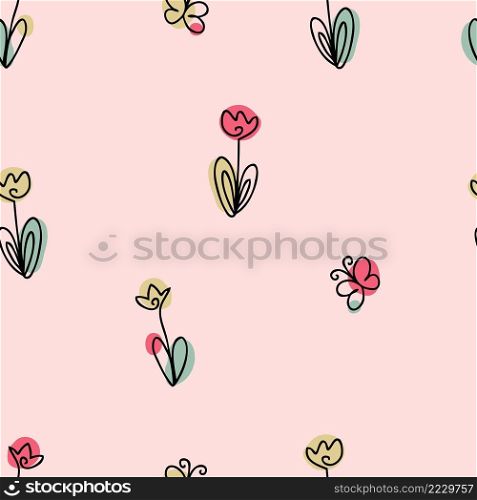 Doodle seamless pattern with tulips and butterflies. Perfect for T-shirt, postcard, party invitation and print. Hand drawn vector illustration for decor and design.