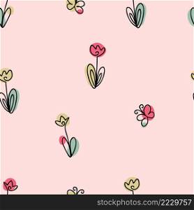 Doodle seamless pattern with tulips and butterflies. Perfect for T-shirt, postcard, party invitation and print. Hand drawn vector illustration for decor and design.