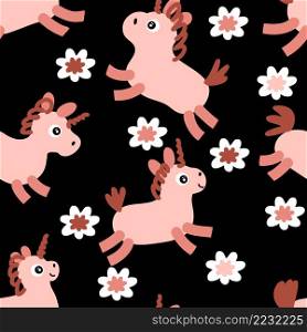 Doodle seamless pattern with unicorns and flowers. Perfect for T-shirt, textile and print. Hand drawn vector illustration for decor and design.