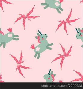 Doodle seamless pattern with unicorns and leaves. Perfect for T-shirt, textile and print. Hand drawn vector illustration for decor and design.