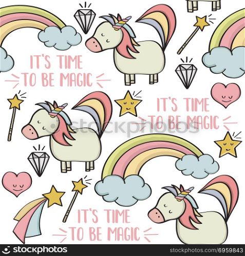 doodle seamless pattern with unicorns and other fantasy magical . Doodle seamless pattern with unicorns and other fantasy magical elements. Vector