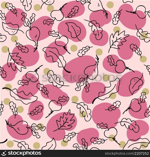 Doodle seamless pattern with vegetables radish and abstract spots. Perfect for T-shirt, textile and print. Hand drawn vector illustration for decor and design.