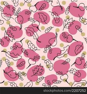 Doodle seamless pattern with vegetables radish and abstract spots. Perfect for T-shirt, textile and print. Hand drawn vector illustration for decor and design.