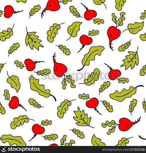 Doodle seamless pattern with vegetables radish and salad lettuce leaves. Perfect for T-shirt, textile and print. Hand drawn vector illustration for decor and design.