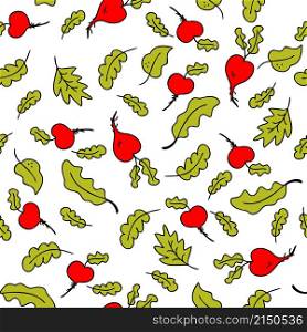 Doodle seamless pattern with vegetables radish and salad lettuce leaves. Perfect for T-shirt, textile and print. Hand drawn vector illustration for decor and design.