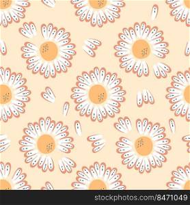Doodle seamless pattern with white daisies in 1970 style. Hippie aesthetic print for T-shirt, poster, fabric, textile. Hand drawn vector illustration for decor and design.